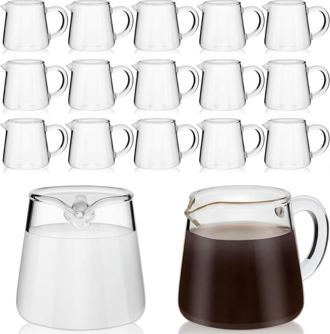 Suclain 16 Pcs Small Glass Creamer Pitcher with Spout Milk Frothing 2.3 oz Mini Milk Pourer Small Glass Pitcher with Handle Carafe Coffee Mug Pot Tea Frother Cup for Table Serving Kitchen
