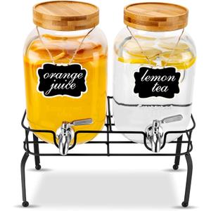Drink Dispenser, 2PCS 1 Gallon Glass Drink with Stand for Parties (Double, with Stand)