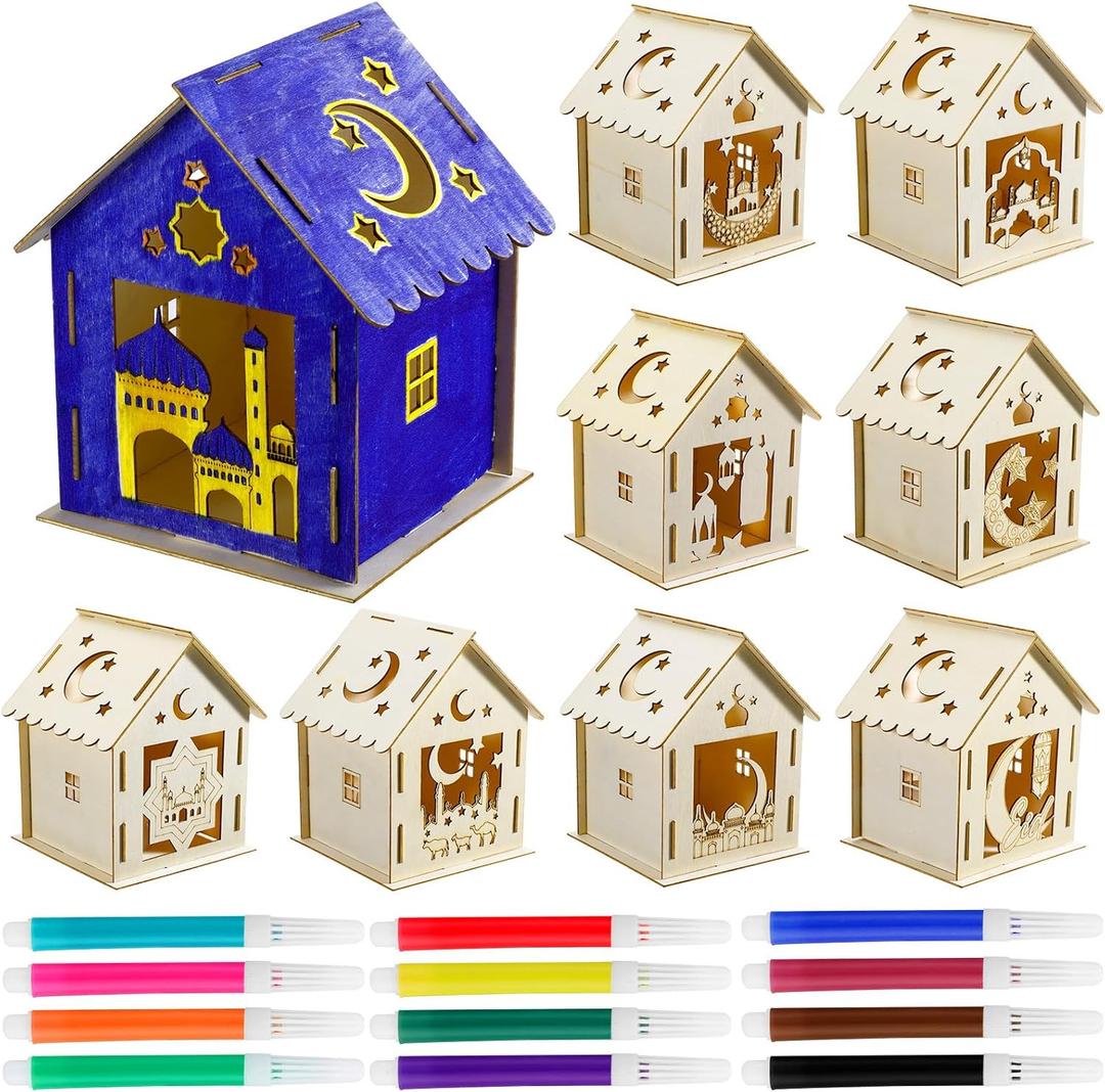 Wenqik 9 Pcs Eid Mubarak Wooden House with 12 Watercolor Pens DIY Graffiti Crafts Ramadan Decorations Wooden Eid Houses for Kids Paint Project Party Supplies Decorations