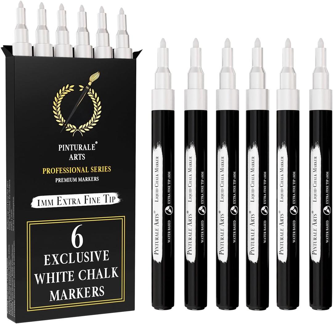 6 Extra Fine Tip White Chalk Markers | 1mm Tip | For Windows, Blackboard, Dry Erase Board, Chalkboards, Glass, Easy Erase | White Chalk Pens Fine Tip