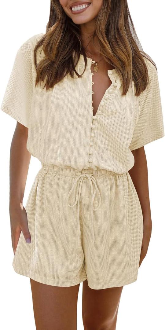 Fixmatti Short Sleeve Romper One Piece Button Up Jumpsuits for Women Summer Shorts Rompers (Small, Ivory) Fixmatti Short Sleeve Romper One Piece Button Up Jumpsuits for Women Summer Shorts Rompers (Small, Ivory)