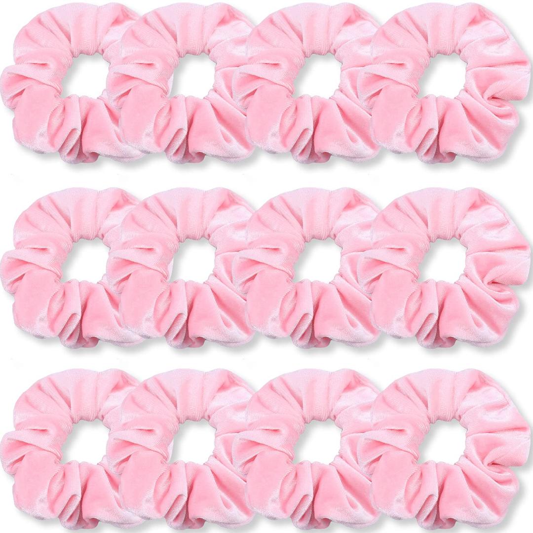 IVARYSS Pink Scrunchies, Premium Velvet Soft Hair Scrunchy, Solid Colors Thick Elastic Bands, Hair Accessories for Women and Girls, 12 Pack