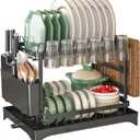 Dish Drying Rack 2 Tier, Space-Saving Dish Drainer with 360 Rotating Drainage Tray, Cup Holder Utensil Holder, Cutting Board Rack, Rustproof Stainless Steel Organizer for Small Kitchens, Apartments, Black