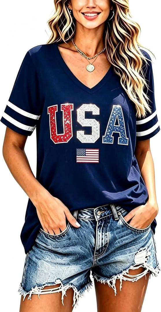 Decogiver Shirt Women V-Neck Short Sleeve Graphic Top (Blue)