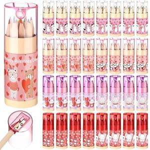 Fumete 32 Pack Mini Drawing Colored Pencils Pink Heart cute Coloring Pencils with Sharpener Bulk Classroom Exchange Gift School Class Prizes Bulk, 12 Count in Tube