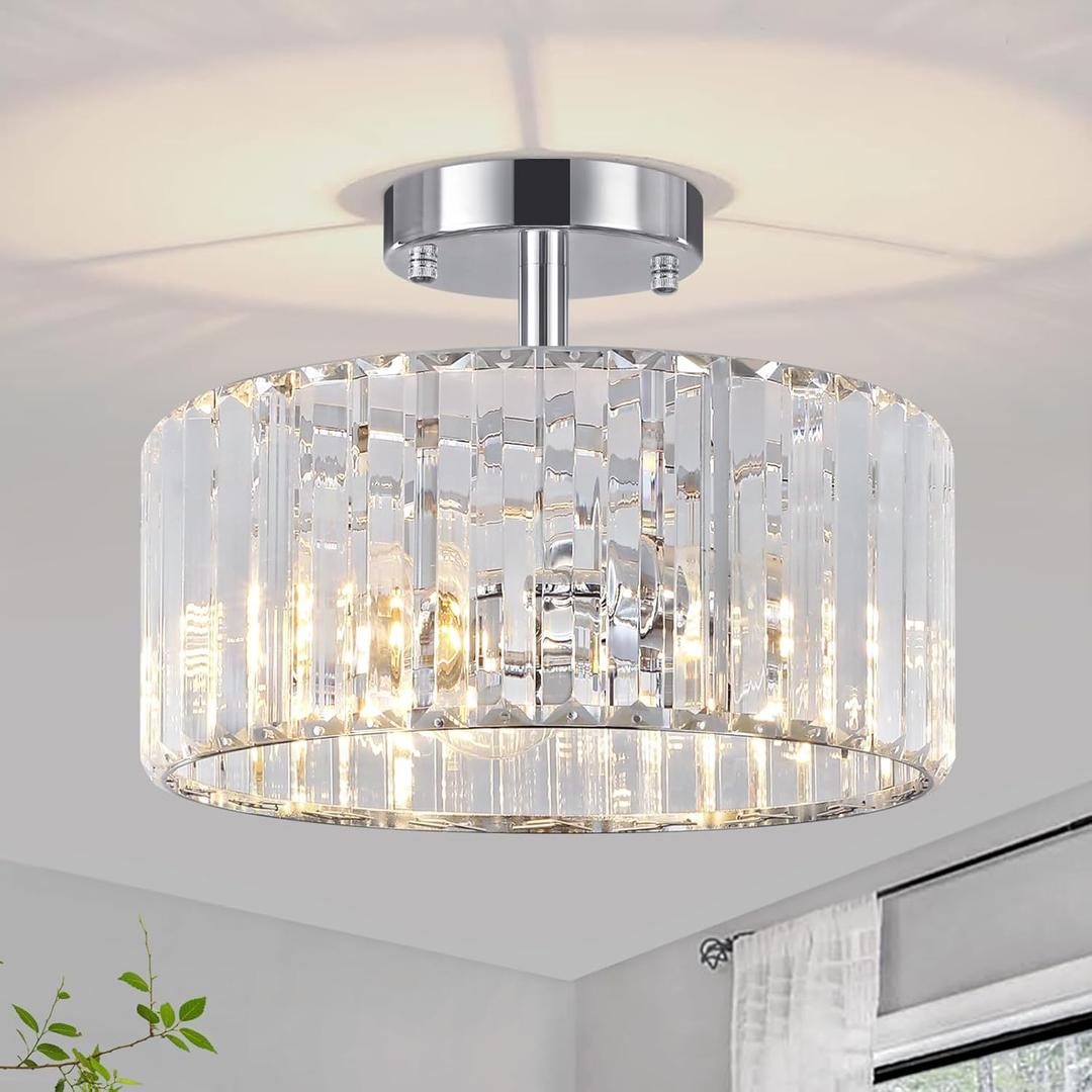 TOULMJ Crystal Ceiling Light, 3-Light Modern Semi Flush Mount Ceiling Lighting Fixture, Round Hallway Light Fixtures Ceiling for Kitchen Entryway Bedroom Laundry Room, Chrome Finish