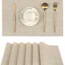 Leetaltree Blue Placemats Set of 6 - Heat Resistant Non-Slip Place mats for Dining Table, Washable Durable PVC Vinyl Woven Table Mats, Beige