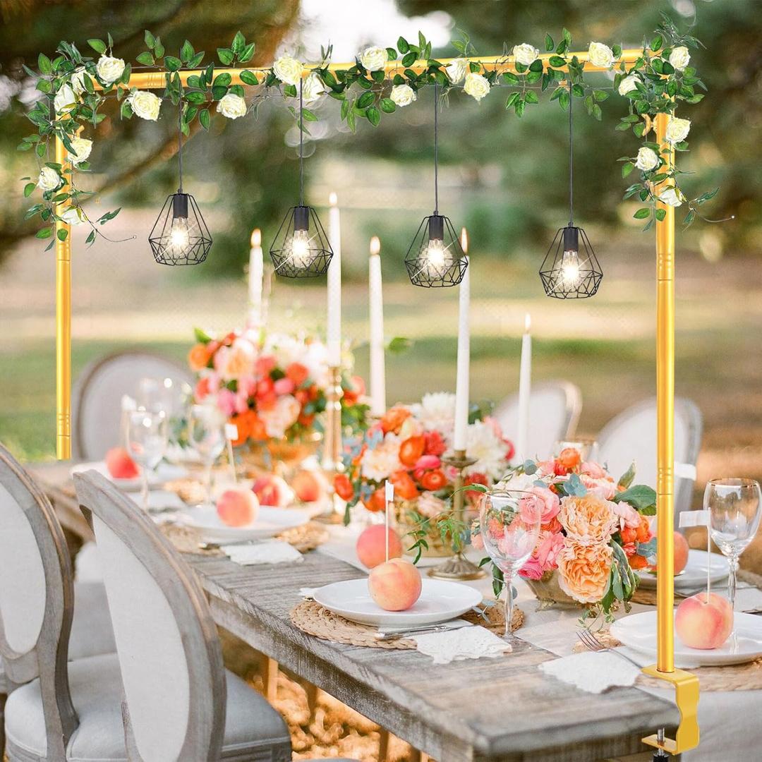 Over The Table Rod Stand with Clamps Adjustable 31"-110'' Length 31"-64" Height Gold Table Balloon Arch Stand with Storage Bag, Metal Decorating Rod Hanging