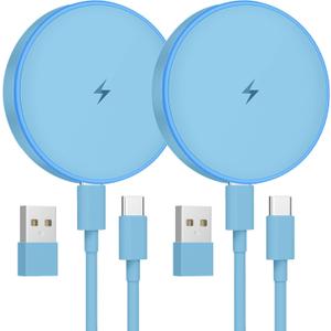 MagSafe Charger 2 Pack 15W Magnetic Wireless Charger Fast Charging Pad Compatible with iPhone 17/16/15/14/13/12 Series & AirPods 3/2/Pro Magnetic MagSafe Charging Pad with Dual Ports-Blue