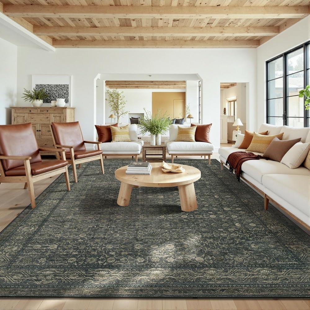 10x14 Washable Area Rug for Living Room, Extra Large,Green Vintage Floral Boho Rugs for Dining Room, Farmhouse, Durable Low Pile Non Slip Carpet for High Traffic Areas, Moss Brown