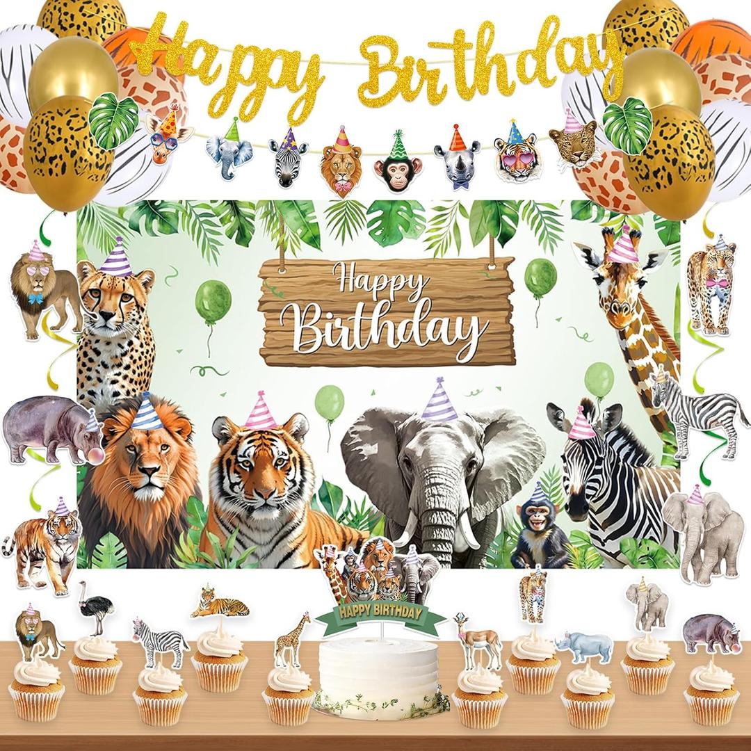Roetyce Safari Animals Birthday Party Decorations, Jungle Wild Animals Happy Birthday Banner Balloons Hanging Swirls Cake Topper Kit, Safari Themed Birthday for Kids Photo Background Backdrop