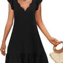 ETCYY NEW Womens Summer Dresses Ruffle Sleeve Mini Dress Seashell V Neck Beach Cover Up Sundresses (Medium, Solid Black)