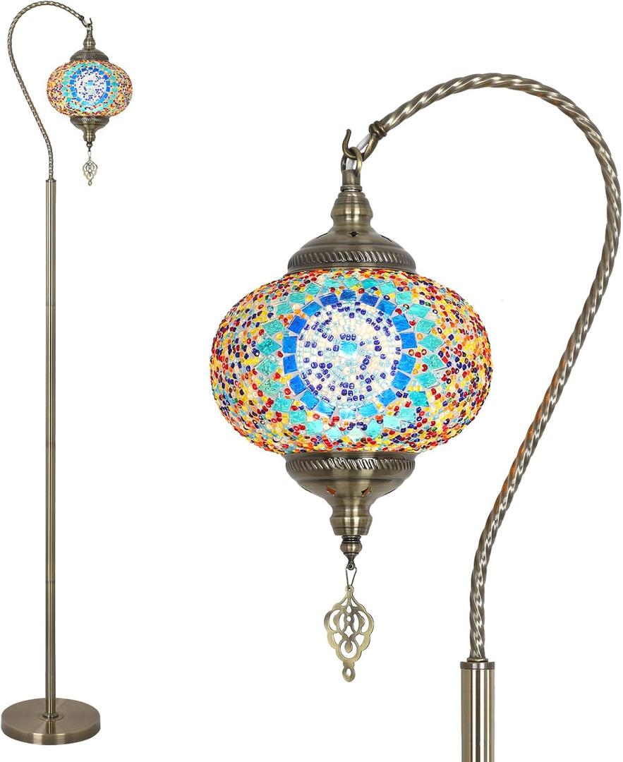 Turkish Floor Lamp, Modern Moroccan Lamps for Living Room with Handmade Mosaic Glass Shade, Vintage Floor Lamp Tall Pole Lamp, Bronze Tiffany Standing Lamps for Bedroom Corner Light