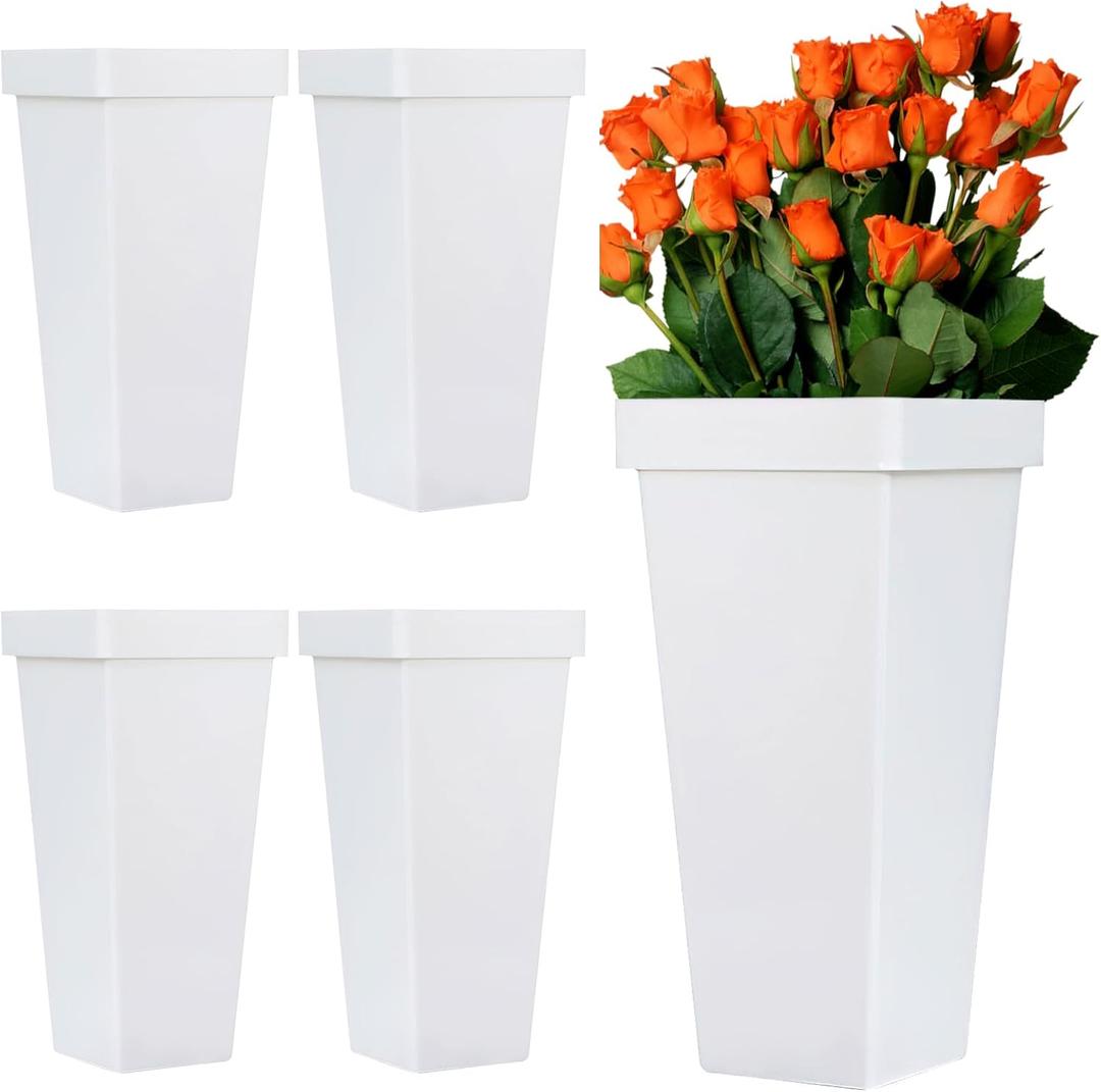 4 Pack Flower Buckets for Cut Flowers -13.4 Inch Plastic Floral Buckets Modern Square Vases for Centerpieces Display Decorative Plastic Vases for Home Office Wedding Decorations, White