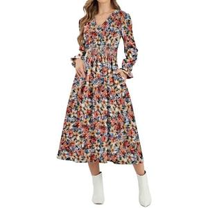 CYiNu Womens Floral Long Sleeve Midi Dress Deep V Neck Elastic Waist Boho Floral Dress for Women, Small
