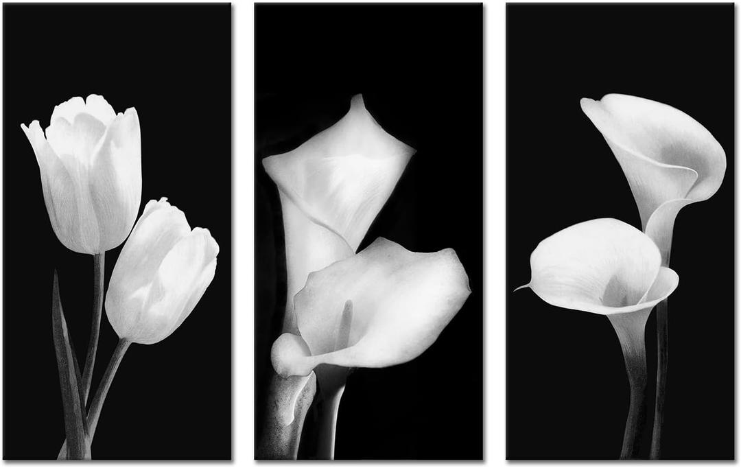 Artmyharbor Tulip Pictures Wall Decor 3 Pieces Canvas Floral Wall Art Black and White 12X24inch