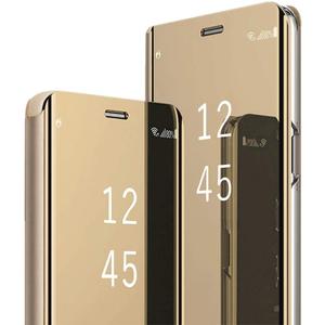 S23 Ultra Leather Case Compatible with Samsung Galaxy S23 Ultra 5G Phone Case Clear View Mirror Flip Cover, Galaxy S23 Ultra Case with Kickstand Shockproof Protective Cover for Samsung S23 Ultra (Gold)