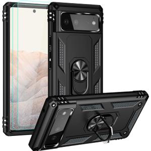 Androgate Designed for Google Pixel 6 Case with HD Screen Protectors, Military-Grade Metal Ring Holder Kickstand 15ft Drop Tested Shockproof Cover Case for Pixel 6 Black