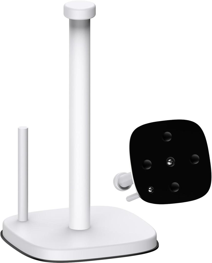 Paper Towel Holder Countertop, Stainless Steel Paper Roll Holder with Weighted Base Suction Cups, One-Handed Operation Standing Paper Towel Holder for Kitchen Bathroom (White)