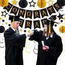 Seenelling 2026 Graduation Decorations Black and Gold Congrats Grad Banner with Hanging Swirl Honeycomb Ball Circle Garland Grad Party Favor Supplies for College Senior High School Classroom Decor