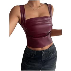 SOLY HUX Women's PU Leather Square Neck Tank Tops Sleeveless Slim Fitted Party Club Crop Top NoSize, XL