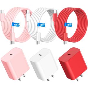 3Pack 60W 10FT USB C Charging Cable + 20W USB C Wall Charger Block - Pink White Red