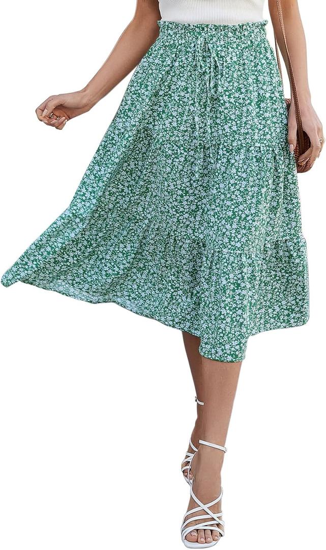 Women's Boho Floral Tiered Midi Skirt Elastic Waisted Pleated A-line Casual Summer Long Skirt (Green)