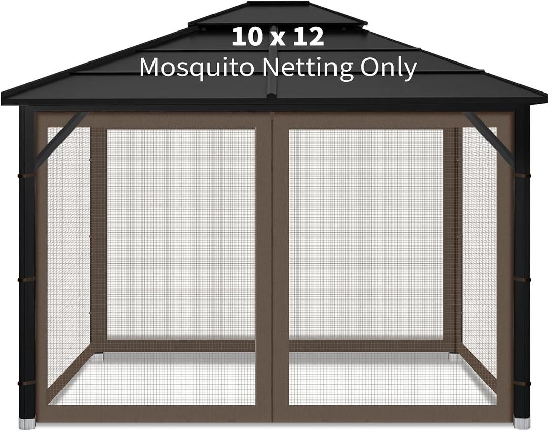 Gazebo Replacement Mosquito Netting Outdoor Universal Gazebo Canopy 4-Panels Screen Sidewalls with Zipper for Patio Garden (Coffee, 10x12)