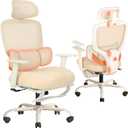 Ergonomic Office Chair with Footrest, Mesh Desk Chair with Adjustable Headrest & Armrests & Dynamic Floating Wing Lumbar Support, High Back Computer Chair for Home Office, BIFMA Certified, Beige (Apricot)