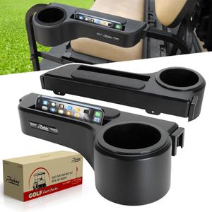 Roykaw Golf Cart Armrest with Cup Holder/Rear Seat Arm Rests Fit for EZGO/Club Car/Yamaha & Most Golf Cart, Upgrade 3rd Gen - with Phone Holder, No Drilling Required, Fit 1.0"/1-1/4" Square Tube Frame (Black)