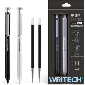 WRITECH Gel Pens Fine Point: Premium Metal Barrel Retractable 0.7mm Black Ink Pen 2ct with 2 Refills No Smear & Bleed Quick Dry Smooth Writing Silent Click Luxury Up-Gel