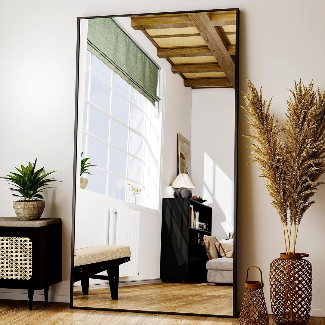 Easly Full Length Mirror with Stand - 38"x77" Full Body Mirror for Floor, Wall Hanging or Leaning - Aluminum Alloy Frame for Living Room, Bedroom, Cloakroom - Black