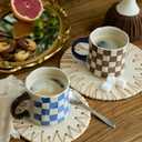 Retro Checkered Ceramic Coffee Mug 16Oz - Extra Large Handle, Microwave Safe Vintage Patterned Tea Cup for Home-4pack
