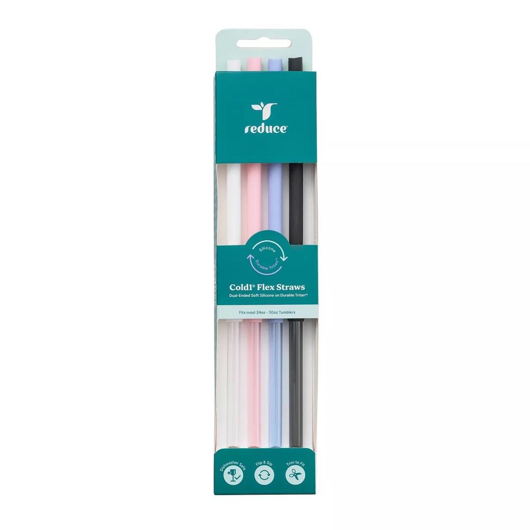 Reduce 4pk Silicone/Tritan Combo Replacement Flexi Straws XL: Reusable Tumbler Straw Set, Dishwasher-Safe