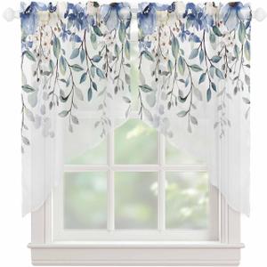 Blue Eucalyptus Leaf Swag Valances for Windows Summer Flowers Leaves Watercolor Semi Sheer Valance Curtains Floral Voile Swags Topper Curtain for Kitchen Living Room Bedroom, 2 Panels, 36x36 Inch