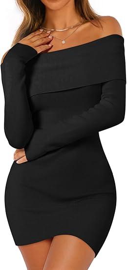 MEROKEETY Women's Sexy Off Shoulder Sweater Dress 2026 Winter Spring Long Sleeve Bodycon Club Night Out Mini Dresses, Size M