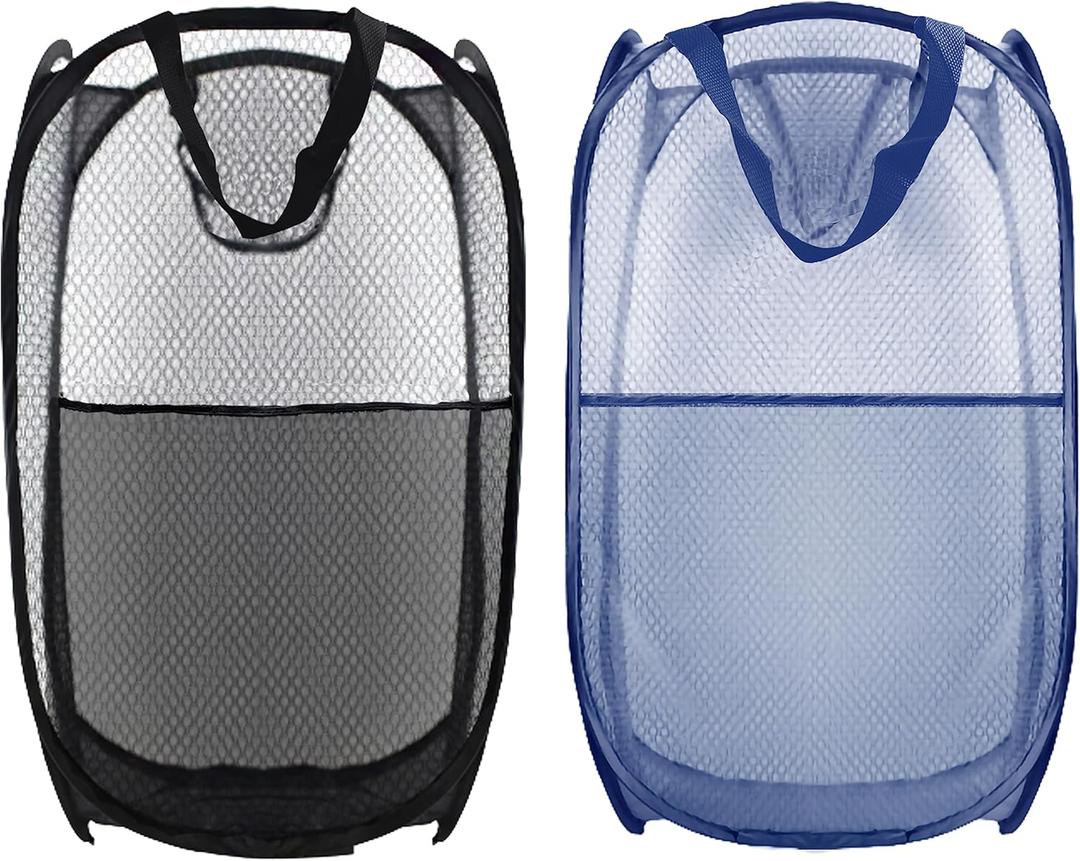 Buyongwant Collapsible Pop Up Laundry Hamper, Extra Large Mesh Foldable Laundry Basket Bag, 28" x 16" x 16", 2 Pack (Black + Blue)