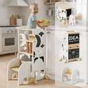 COSYLAND Toddler Standing Tower 4-in-1 Toddler Kitchen Stool Helper | Safety Rail, Foldable Standing Tower with Blackboard,Toddler Step Stool for Bathroom Sink, Kitchen Counter White and Natural