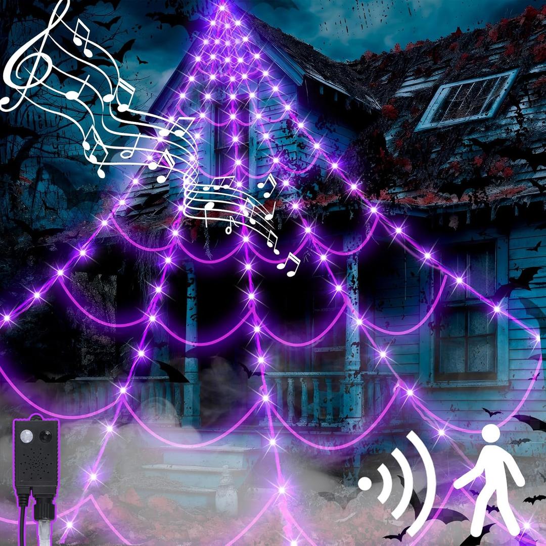 Retisee Halloween Decorations 17ft Spider Web Lights Motion Activated Sensor 120 LED Purple Light up Spider Web with 200sqft Cobweb for Outdoor Indoor Window Home Party Haunted Yard Horror Decoration