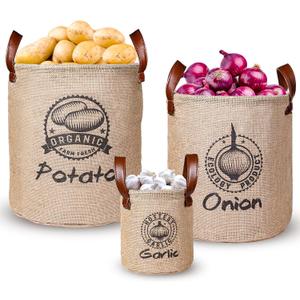 Kamehame Potato and Onion Storage Baskets Pack of 3, Lined Burlap Pantry Storage Bins for Potato Onion Garlic with Handles