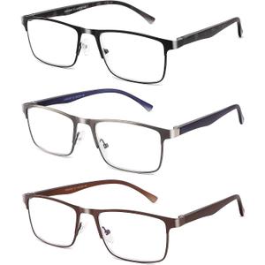 CRGATV 3-Pack Reading Glasses for Men Blue Light Filtering Full Frame Metal Readers Anti Uv/Eye Strain/Glare (3 Pacx Mix Colors)