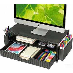 ECOLOVI Desk Organizer and Accessories, 2-Tier Computer Monitor Stand Rise with Storage Drawer & 2 Pen Holders, Laptop & Printer Stand for Desktop, Workspace Organizers for Office Supplies (Black)