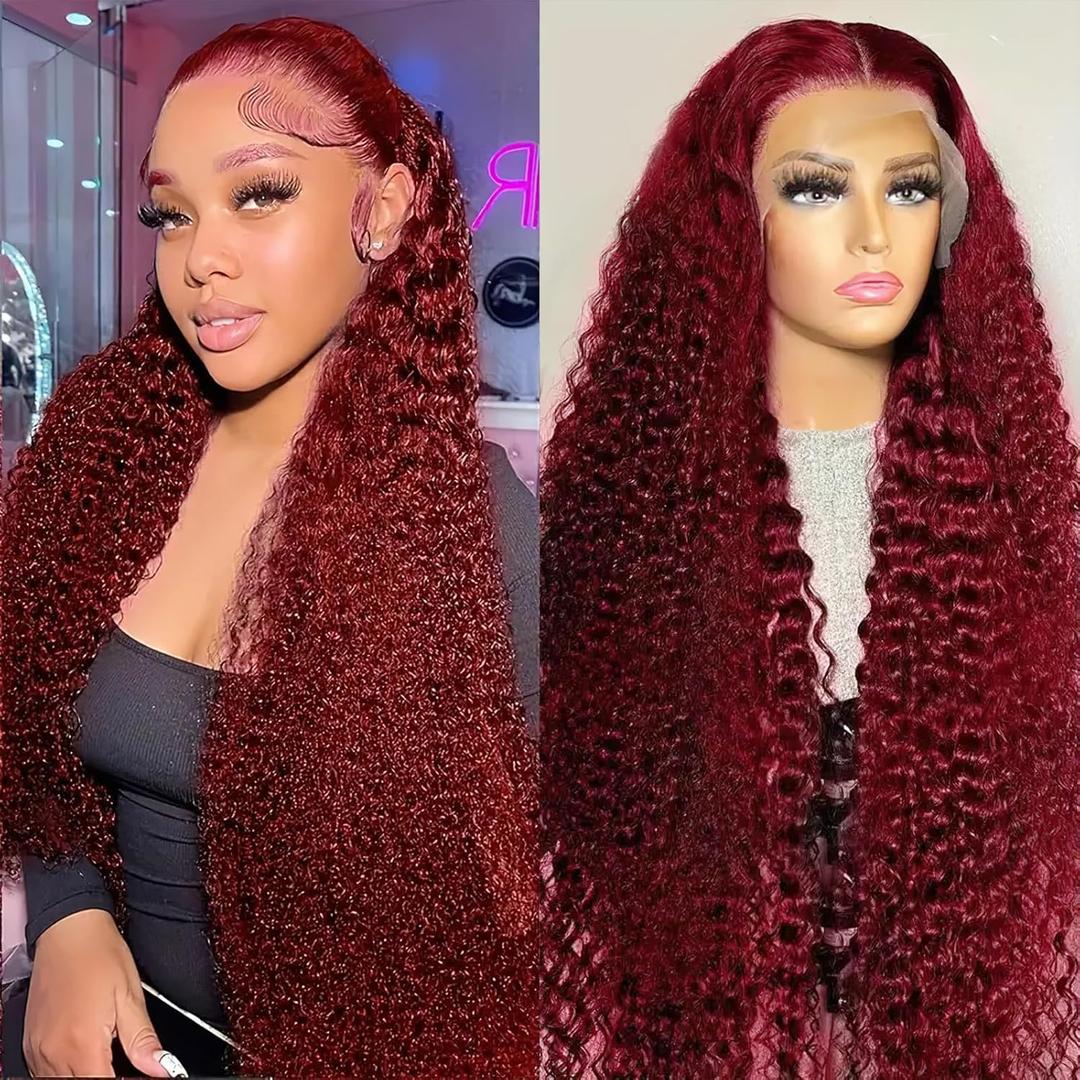 30 Inch Burgundy Deep Wave Lace Front Wig Human Hair for Women 180 Density 13x6 HD Transparent Pre Plucked Wine Red Deep Curly Wigs