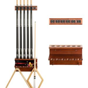 Wall Mount Pool Stick Holder - Billiards Pool Cue Rack Hardwood Pool Cue Set Holder for 6 Cues Sticks Storage Pool Table Accessories Equipment Organizer (Brown)