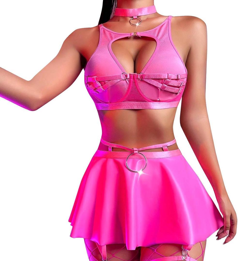 ABAFIP Women Rave Outfits Metallic Mini Skirt Cutout Crop Bra Top Choker Strappy Festival Dancewear Set (Medium, Rose)