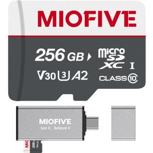 Miofive Memory Card - Ultimate Micro SD Card with USB 3.0 Type-C Card Reader 170MB/s, C10, U3, A2, V30, 4K for Dash Cams, Android Smartphones, Tablets, and Gaming Devices (256GB)