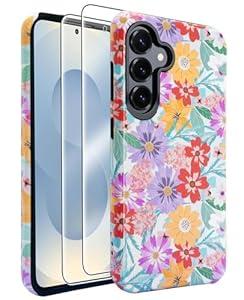 J.west Compatible with Samsung Galaxy S25 Case 6.2 inch with 2 Pack Tempered Glass Screen Protectors Cute Floral Flowers Hybrid Cover for Girls Women Aesthetic Protective Phone Cases Pink Spring