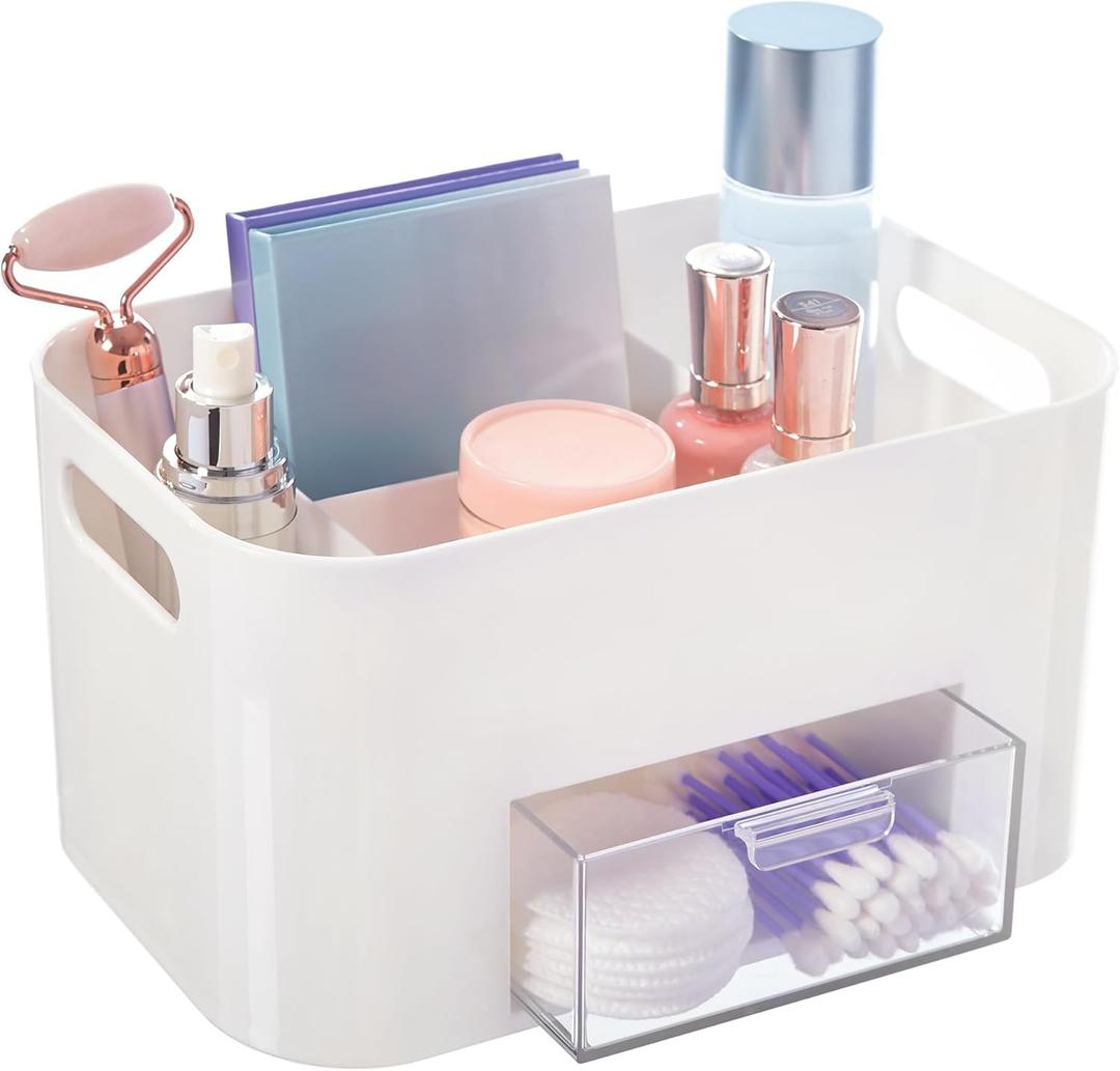 STORi Bliss White Makeup Organizer for Countertop, Divided Bathroom Organizer & Storage Drawer, Makeup Brush Holder, Cosmetic & Nail Polish Organizer, Made in USA