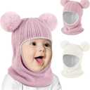 Baby Winter Hat Scarf Set 2 Pack, Toddler Beanie Hats Girl Boy with Neck Warmer, Beanie for Kids Knit Warm for Cold Weather (6-36 Months, Pink&white)