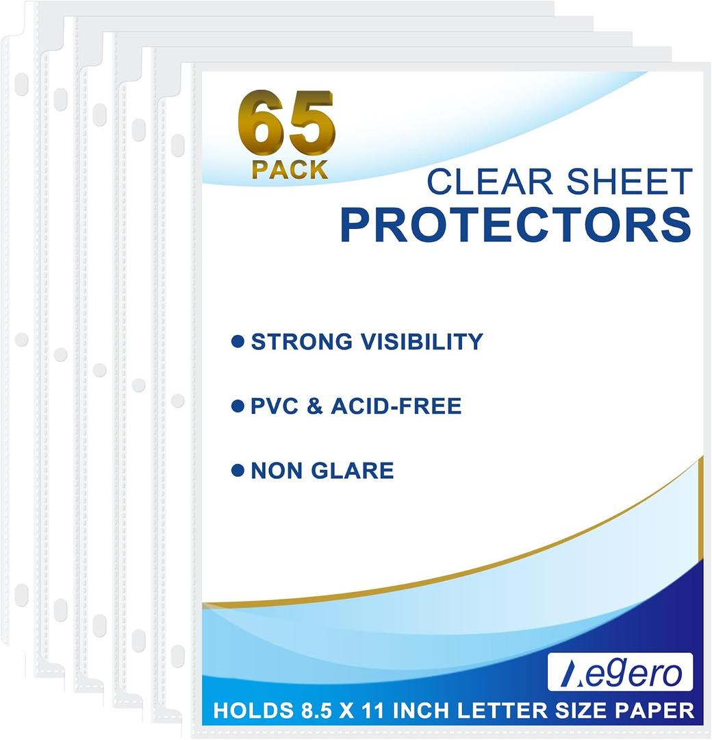 Aegero 65 Pack Clear Sheet Protectors, 8.5 x 11 inch Page Protectors for 3 Ring Binder,Top Loading Paper Protector for Documents and Photos,Letter Size